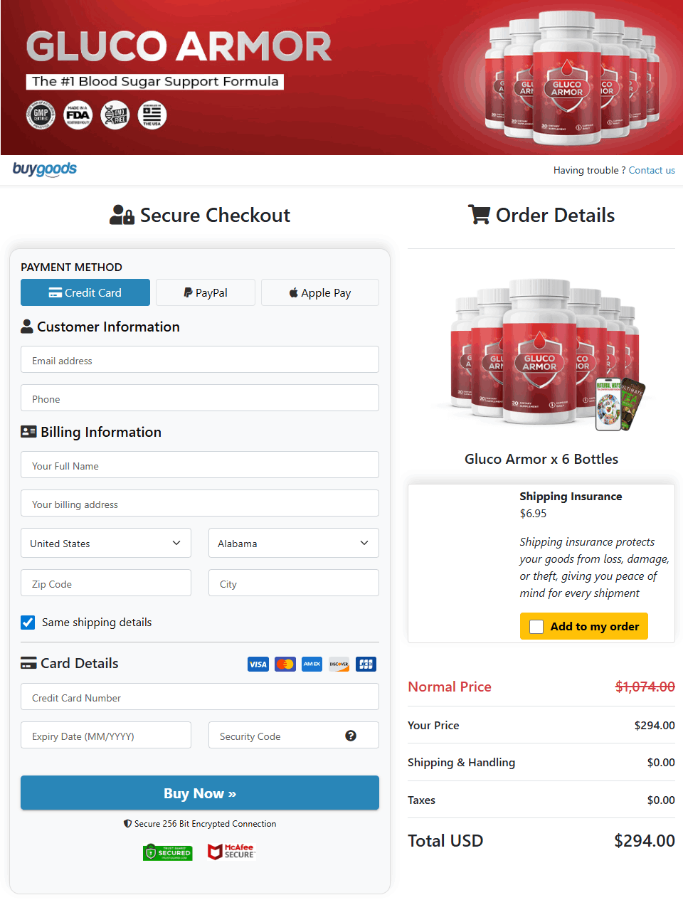 Gluco Armor Checkout page